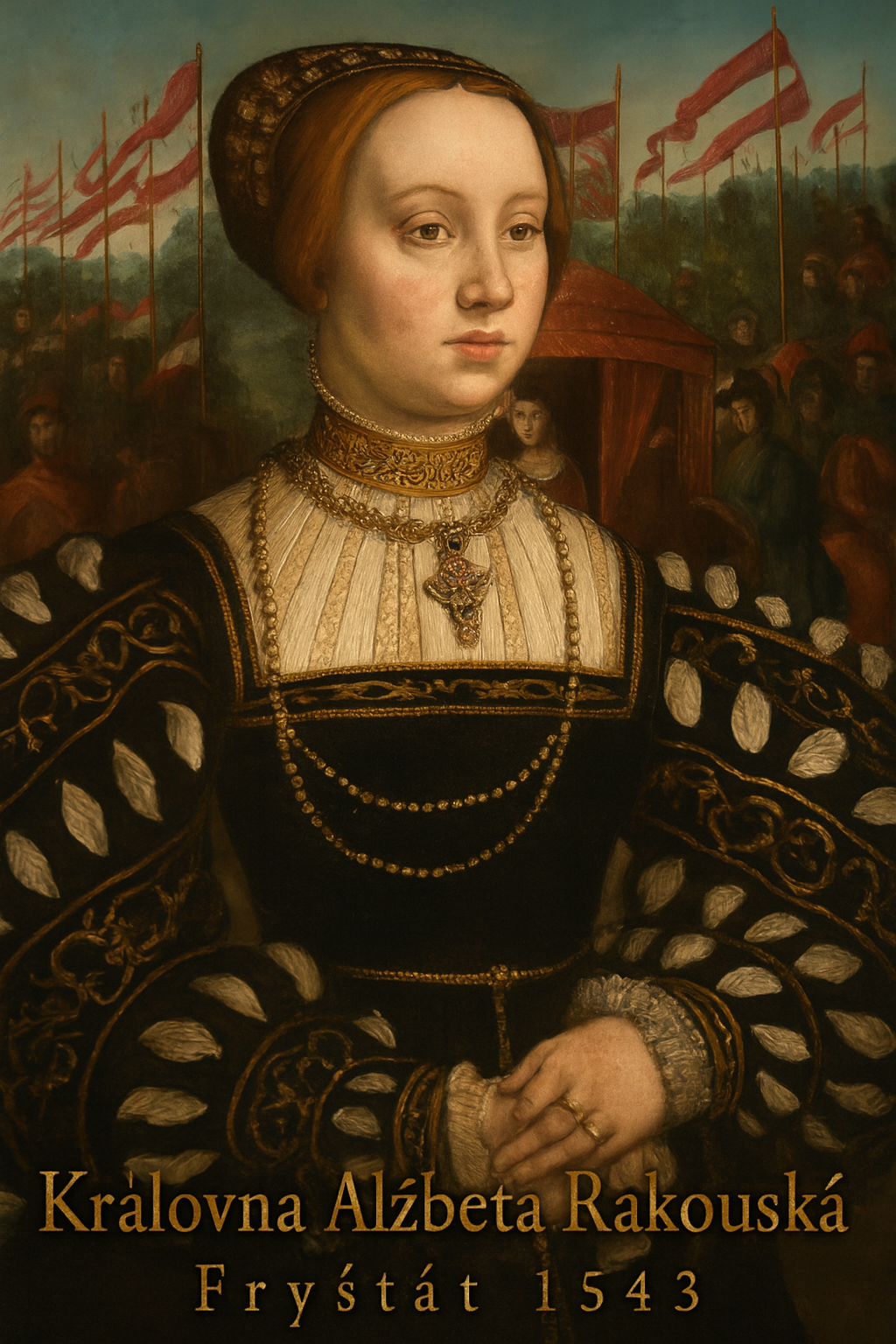 1543 - 1.500 členný okázalý svatební průvod s pozlaceným kočárem královny Alžběty Rakouské ve Fryštátě oslavuje a nocuje