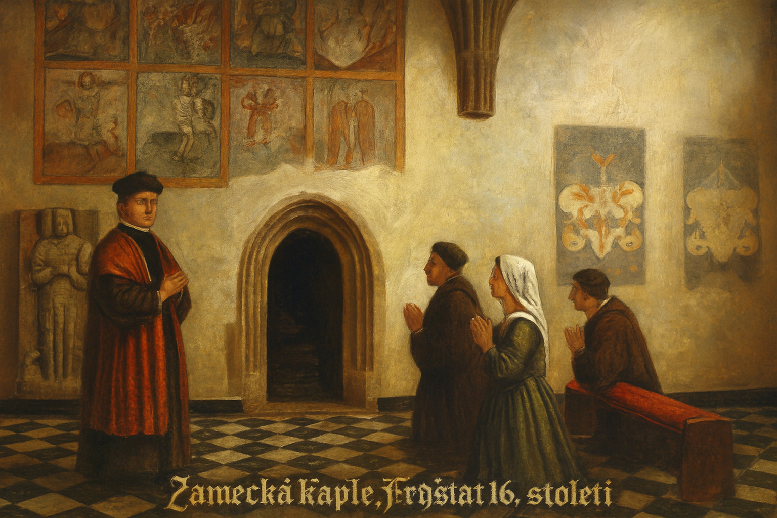 Severní kaple z roku 1420. Zleva: Epitaf Václava ze Slupska (1577), gotické fresky (1450), gotický portál do komnat věže (1515) a erby Václava ze Slupska