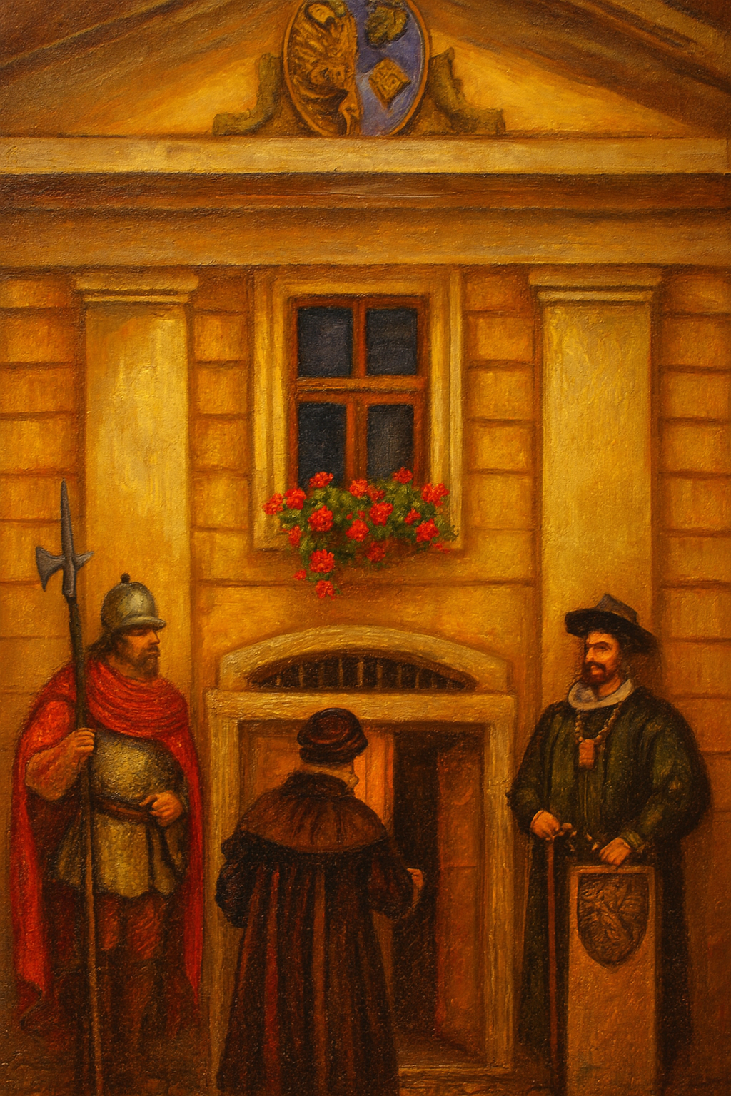 Portál Radnice ve Fryštátě s korunovaným erbem v jejím štítu
