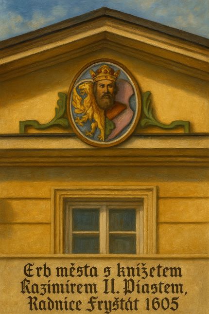 Znak nad vchodem do Radnice s podobou Vicekrále Kazimíra II. Piasta pochází z roku 1605, kdy Radnice slavila sto let od svého založení oním vévodou