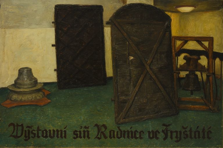 Výstavní síň Radnice se středověkými artefaktmi u vstupu do věže