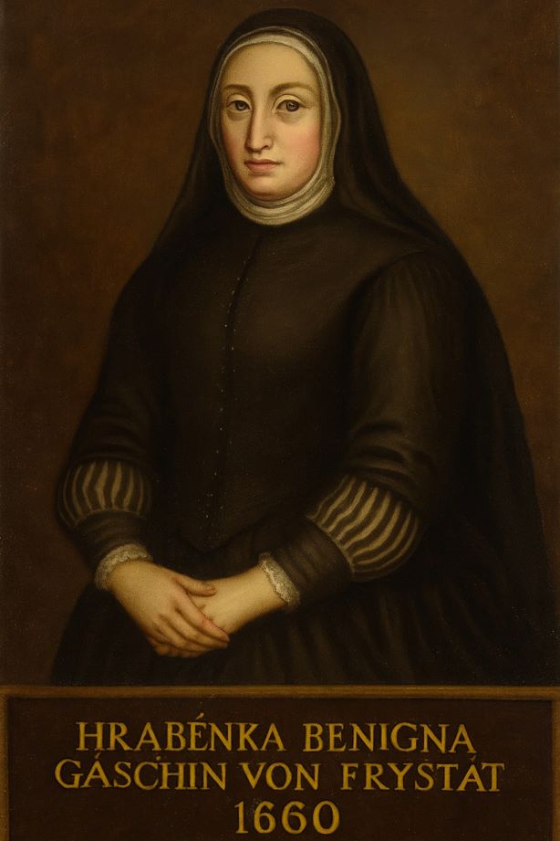 Hraběnka Benigna Haugwiz-Gaschin (1608-1674) se zasloužila o opětovný rezidenční rozvoj 30ti letou válkou zcela zničeného Fryštátu. Na její přání byla zde v kostelíku také pohřbena a má v něm barokní náhrobek