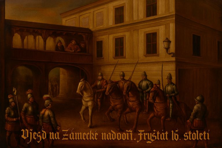 Purkrabství na vjezdu do zámeckého nádvoří. V patře je byt Purkrabího