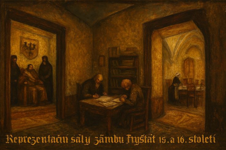 Na zámku se vévoda věnoval vladaření. Zleva: vévodská síň s trůnem, přijímací síň a hodovní sál