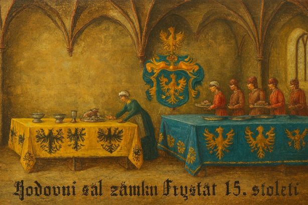 Příprava stolů na ranní hodování, které bylo kolem 9-10 hodiny