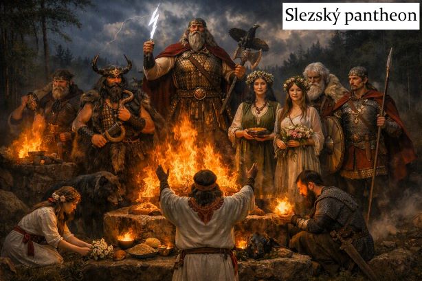 Zleva: Svarog, Veles, Perun, Mokoš, Živa, Stribog a Jarovít