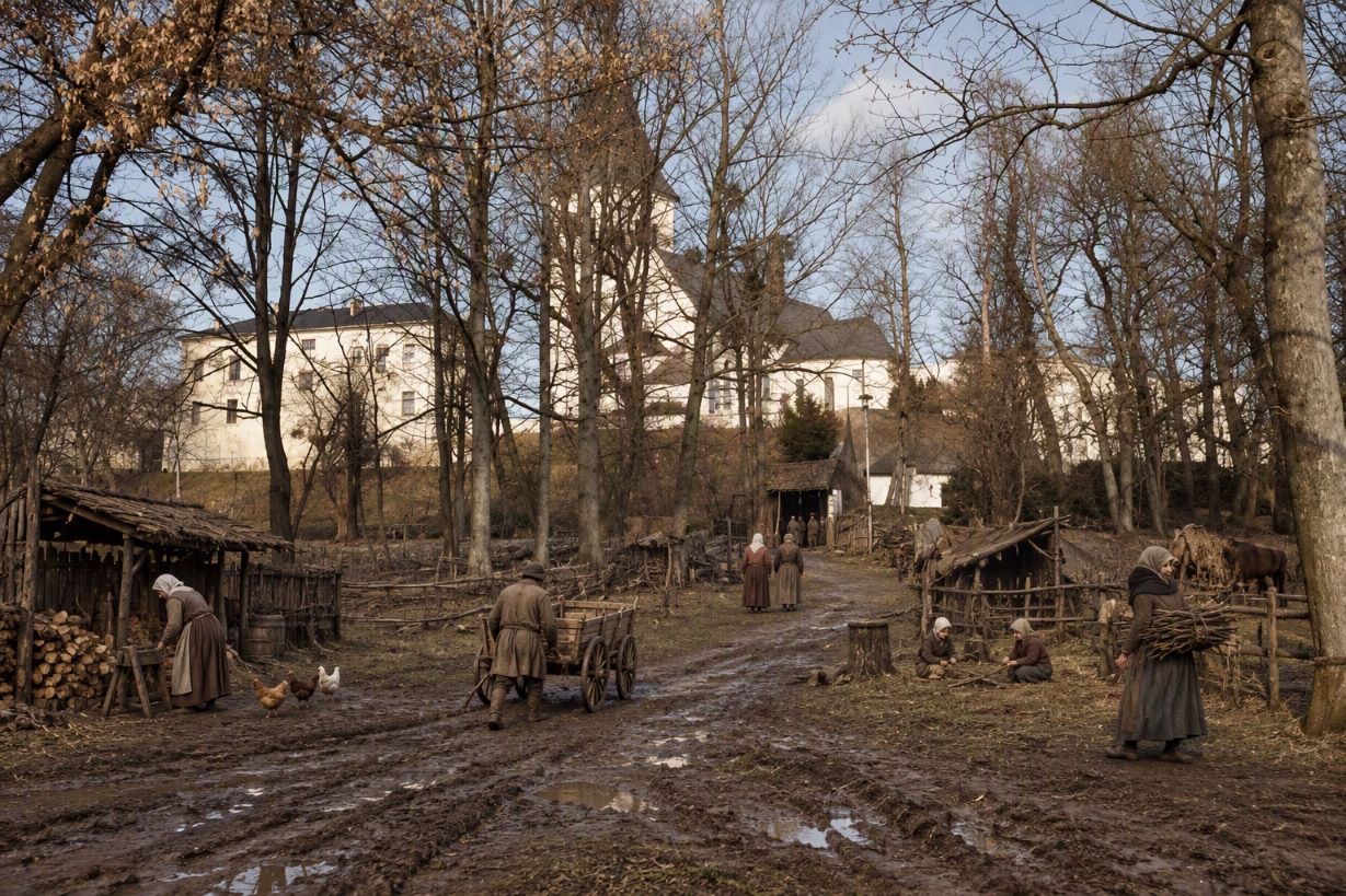 Podzamkiem Zamku Książęcego Śląskiego Frysztat. Od lewej: Stary dziedziniec, probostwo, Biała Wieża, kaplica zamkowa, kaplica południowa, mury z grobowcem i zamkiem